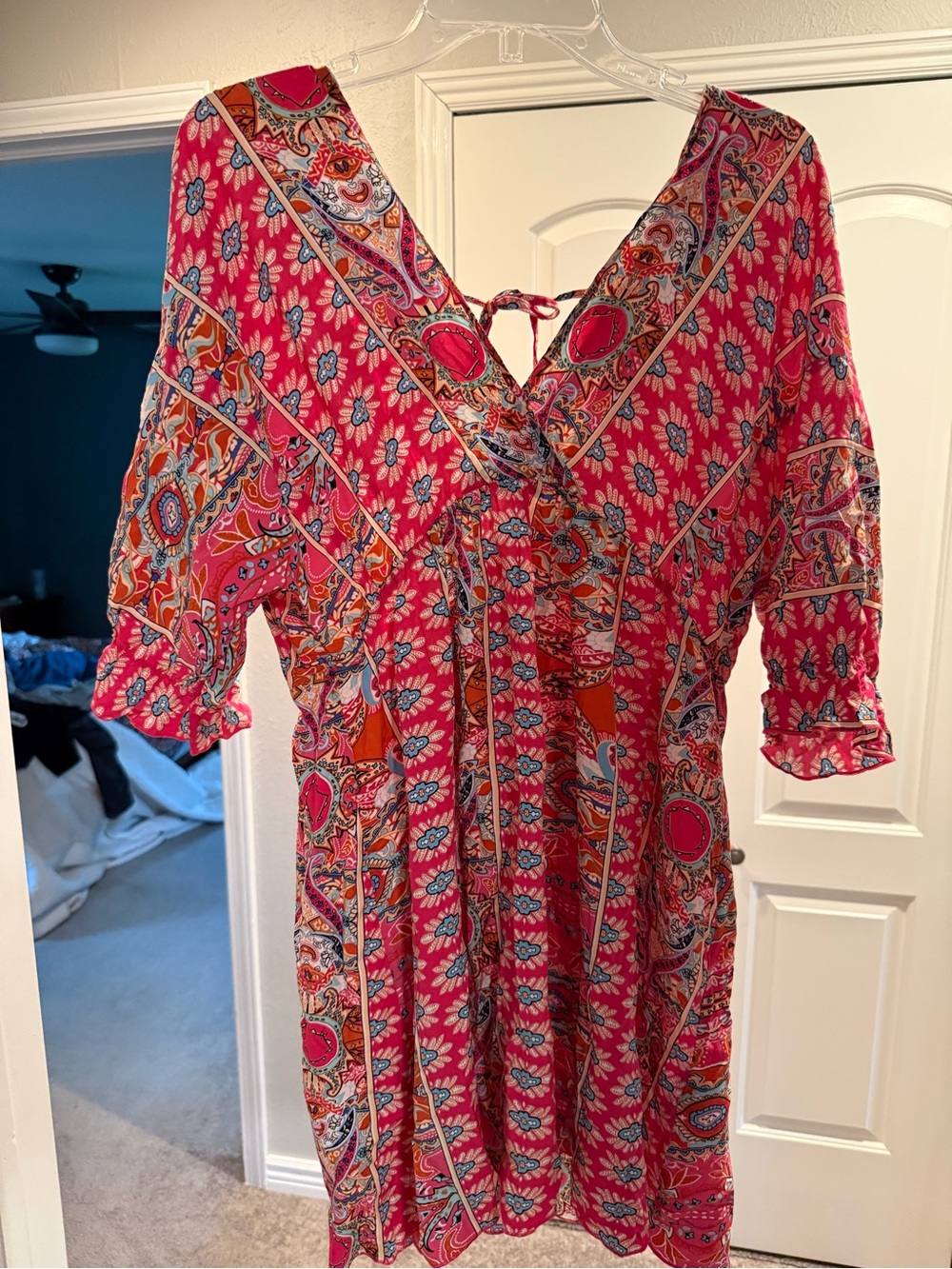 Pink Paisley V-Neck Tie-back Midi Dress